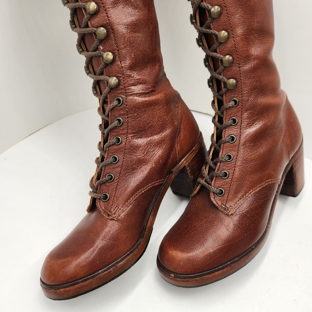 Vintage Thom McAn boots women 6.5 brown leather lace up knee high heel Made USA - Picture 5 of 16
